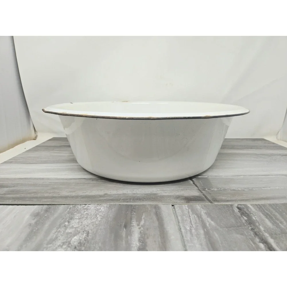 VTG White Black Enamelware Basin Bowl Antique Primitive Large 15